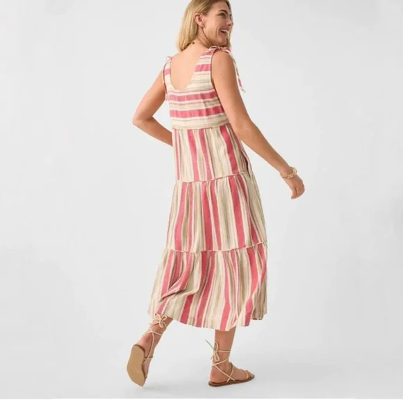 Faherty Lanai linen striped tier boho maxi dress with pockets medium - Picture 2 of 7